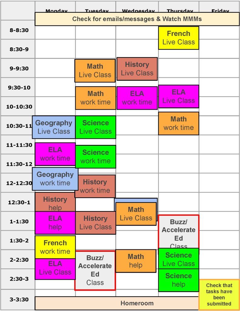 This image is a spreadsheet - the left column has time from 8 am to 3, Across the top are Days of the week. A color coded block is in the place where each live session or work time will happen.